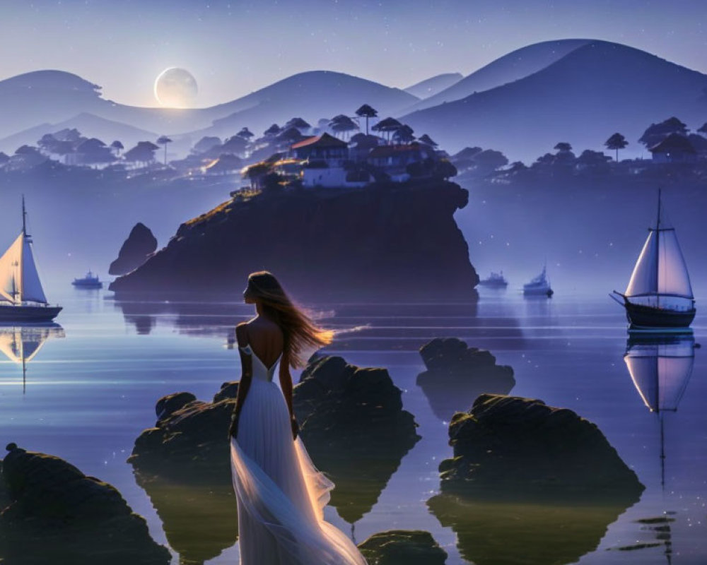 Woman in White Dress by Twilight Water Scene