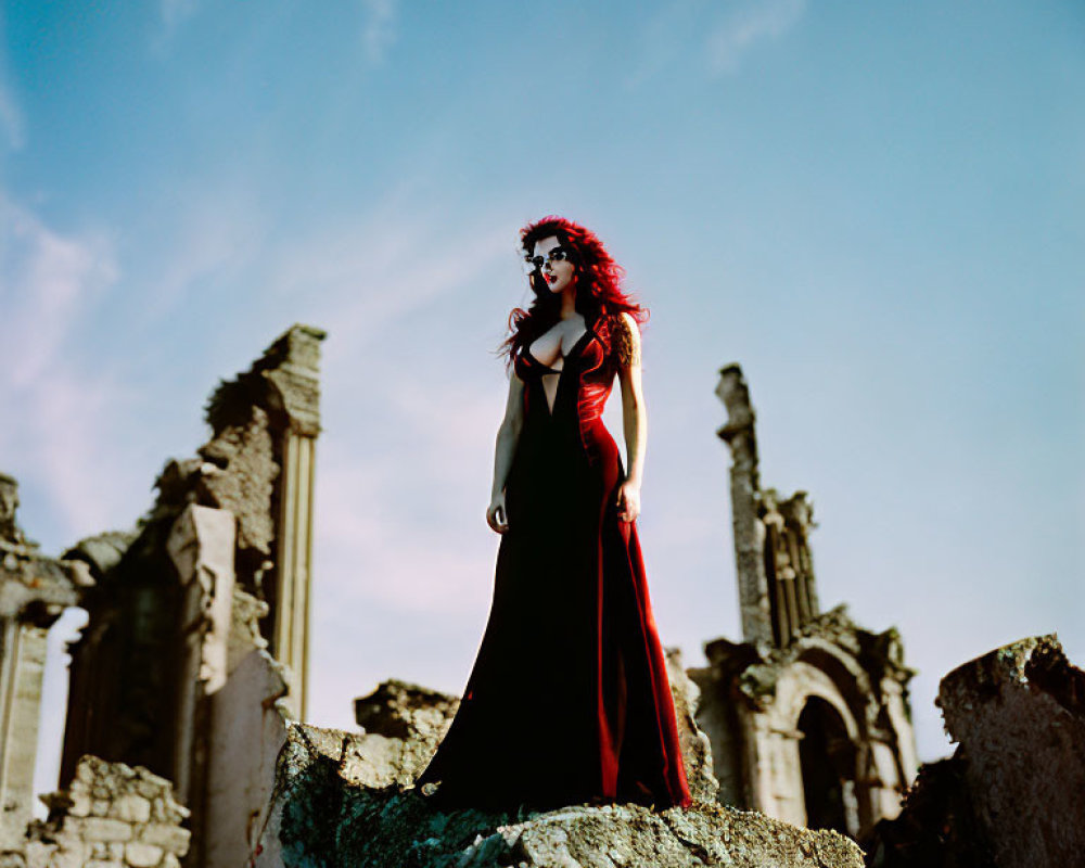 Woman in Red Dress with Wild Red Hair in Ancient Ruins under Blue Sky