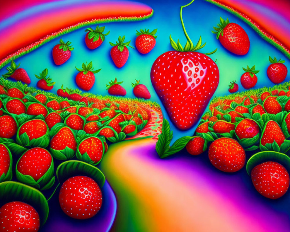 Colorful surreal landscape with oversized strawberries and rainbow sky