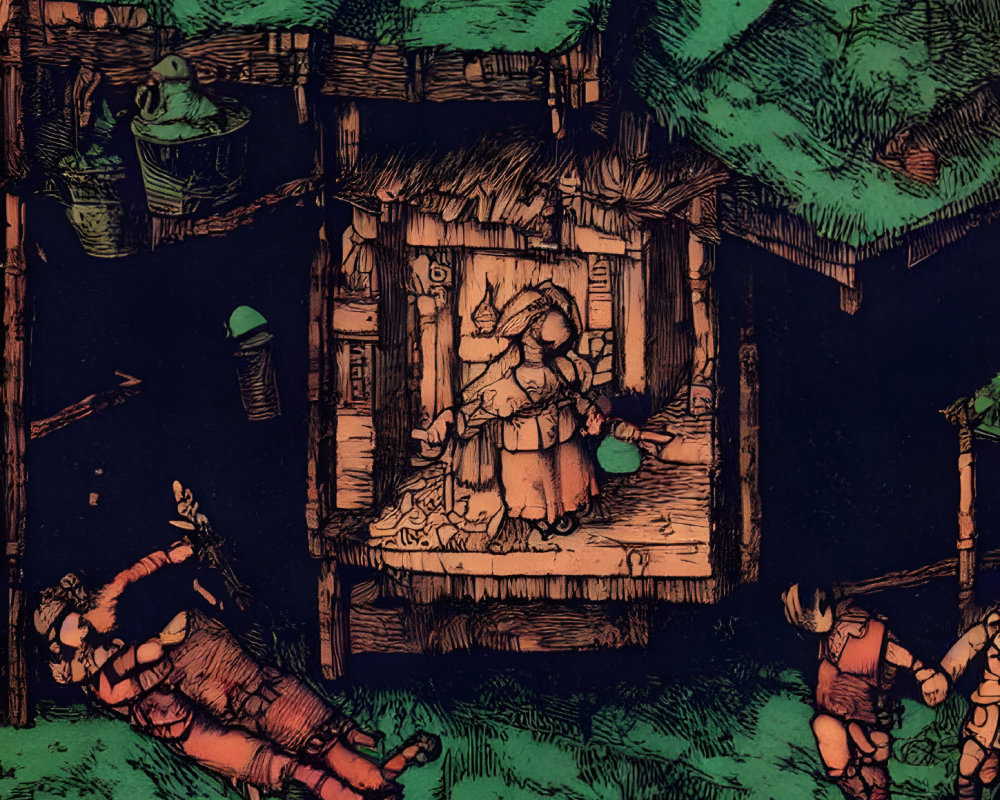 Medieval Woodcut Illustration of a Night Village Scene