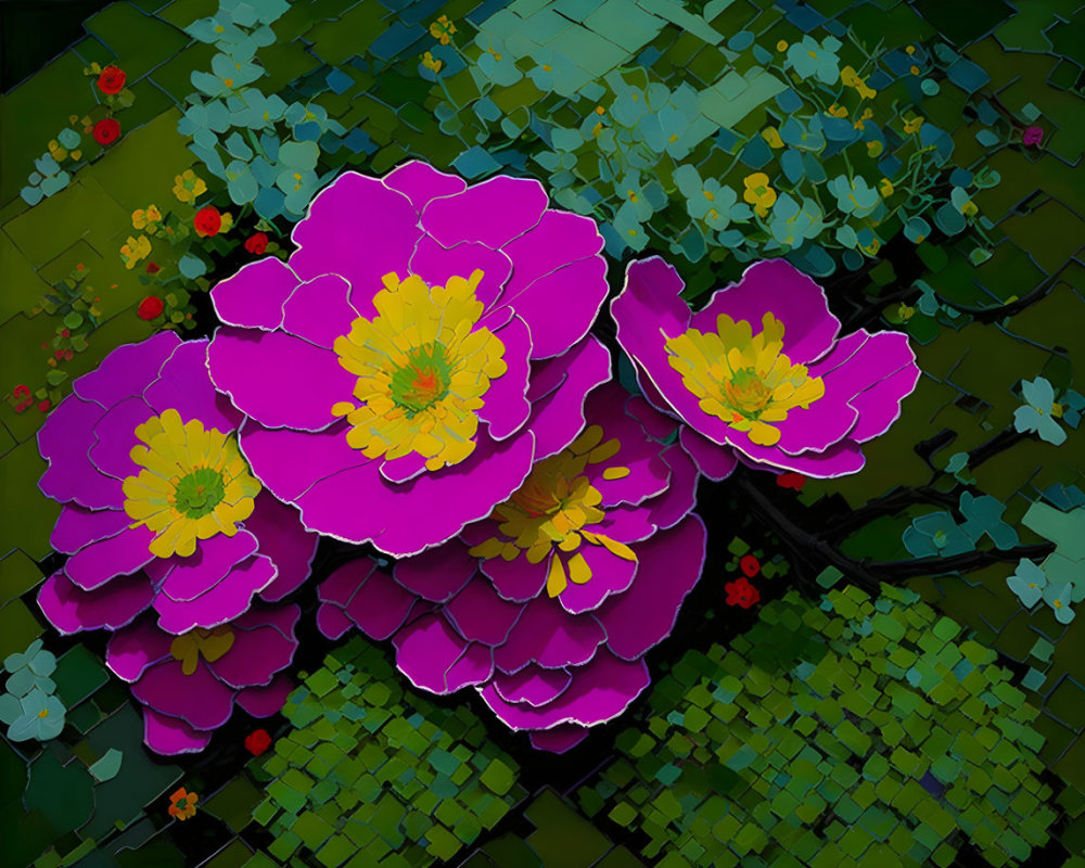 Vibrant Magenta Flowers with Yellow Centers and Green Foliage