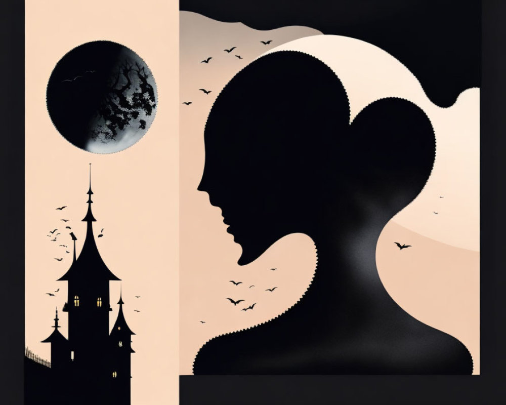 Profile silhouette with night sky, full moon, birds, and castle in artistic design