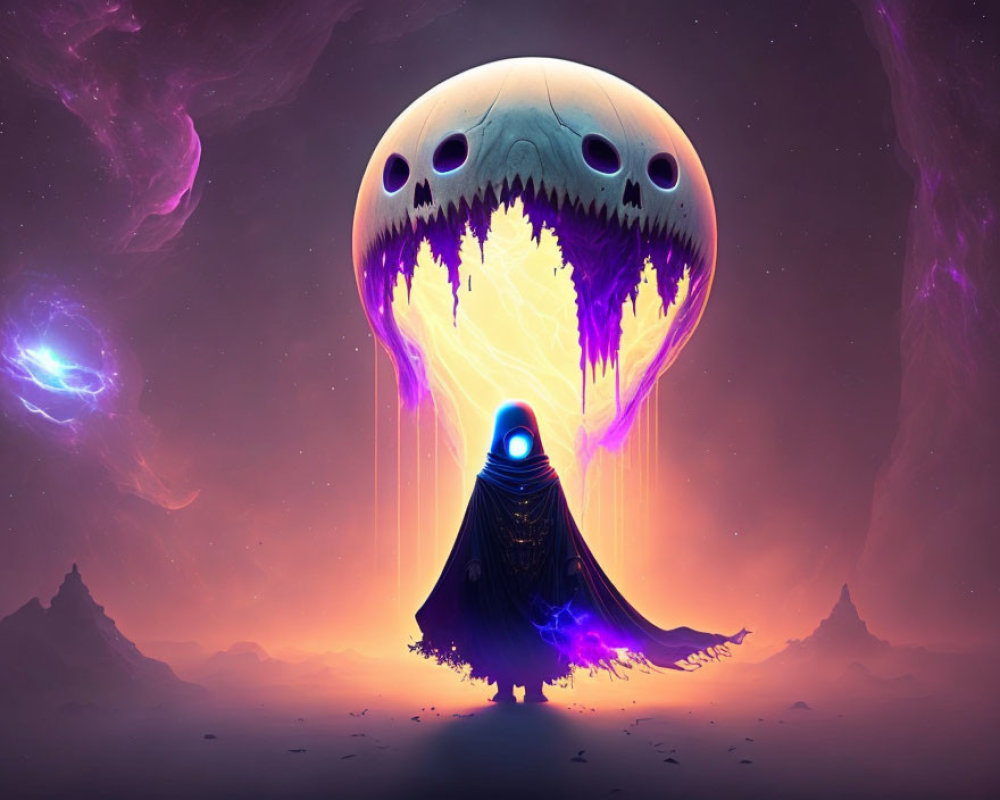 Cloaked figure beneath giant floating creature in cosmic sky