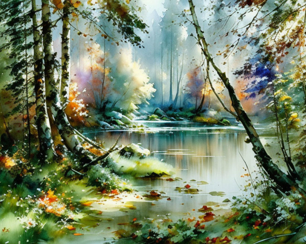 Vibrant Watercolor of Autumn Forest and Tranquil Lake