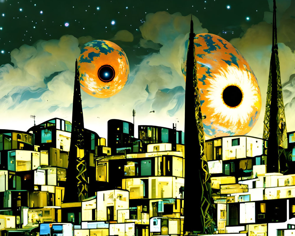Surreal cityscape with eye-like celestial bodies and mismatched buildings