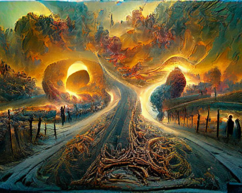 Serene Landscape with Woman and Cosmic Sunset | Deep Dream Generator
