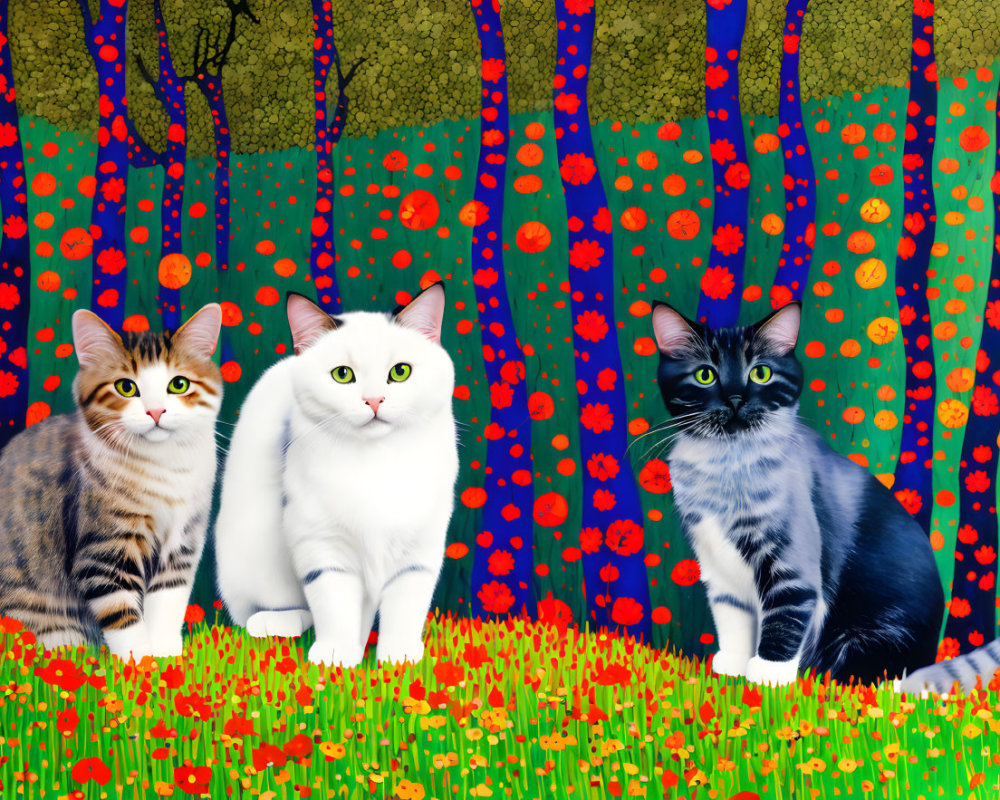 Three Cats in a Colorful Forest Setting