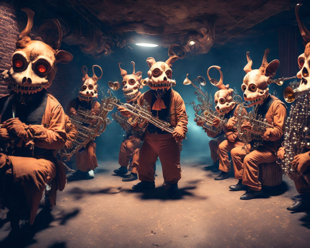 Eerie rabbit mask band plays brass instruments in dimly-lit room
