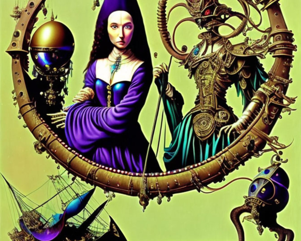 Stylized illustration of woman and creature on moon device