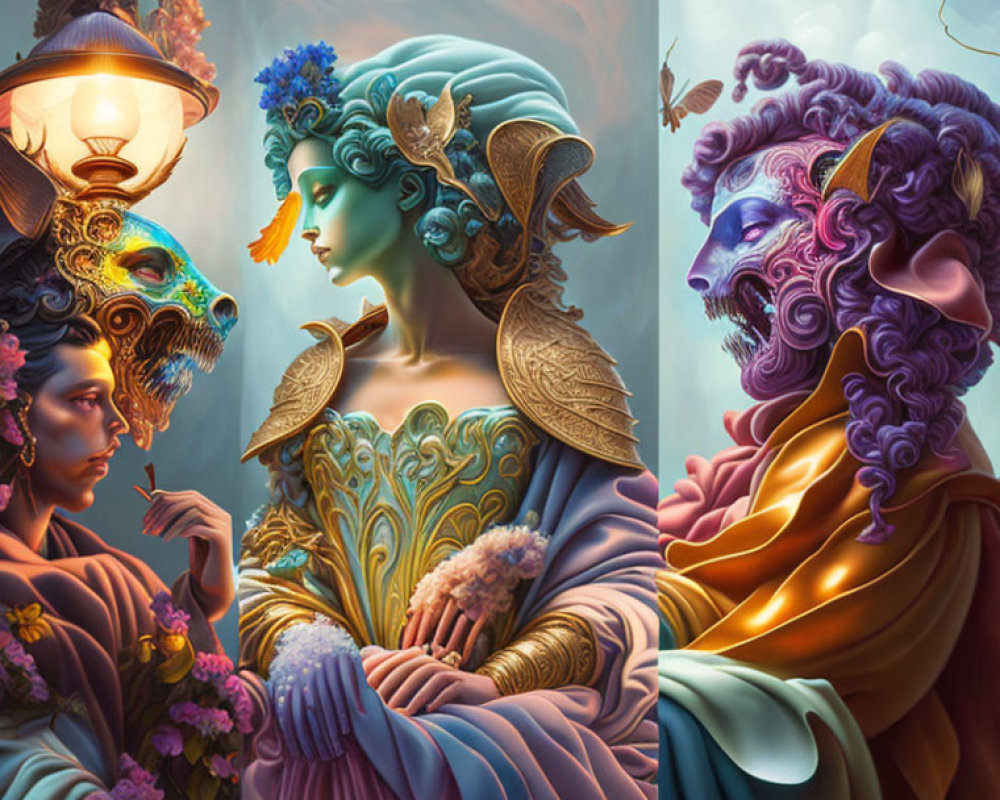 Triptych Featuring Colorful Figures and Fantastical Elements