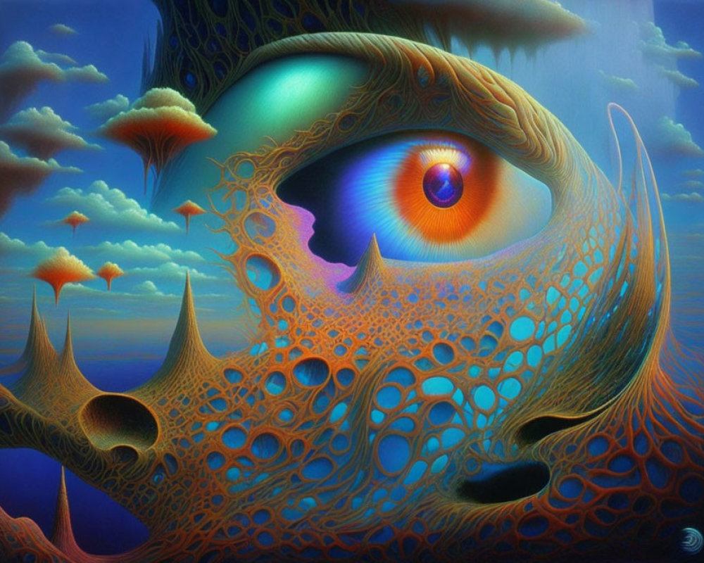 Surreal Landscape Featuring Giant Textured Eye and Mountains