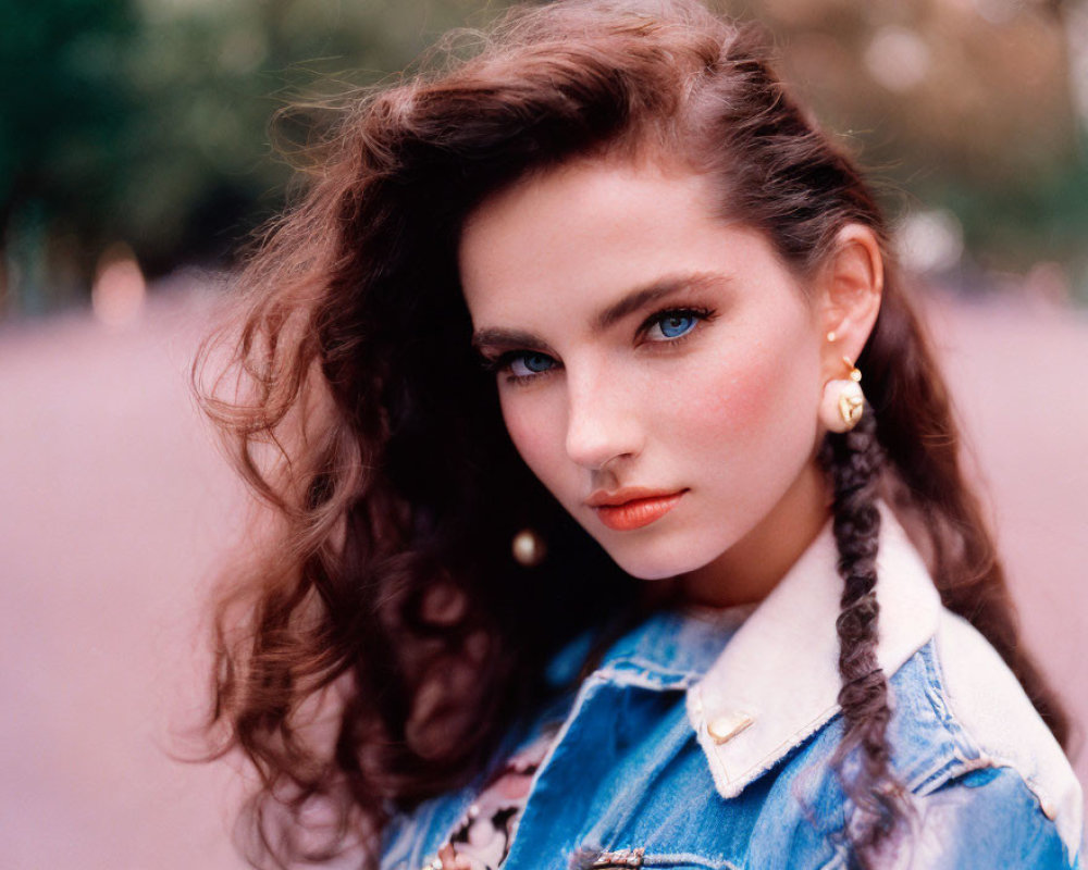Woman with Wavy Hair, Denim Jacket, Braided Pigtails, Hoop Earrings