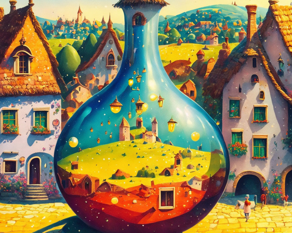 Whimsical village scene in giant transparent flask at sunset