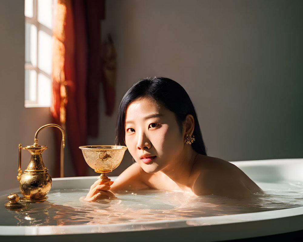 Young woman in sunlit bathroom enjoying a bath