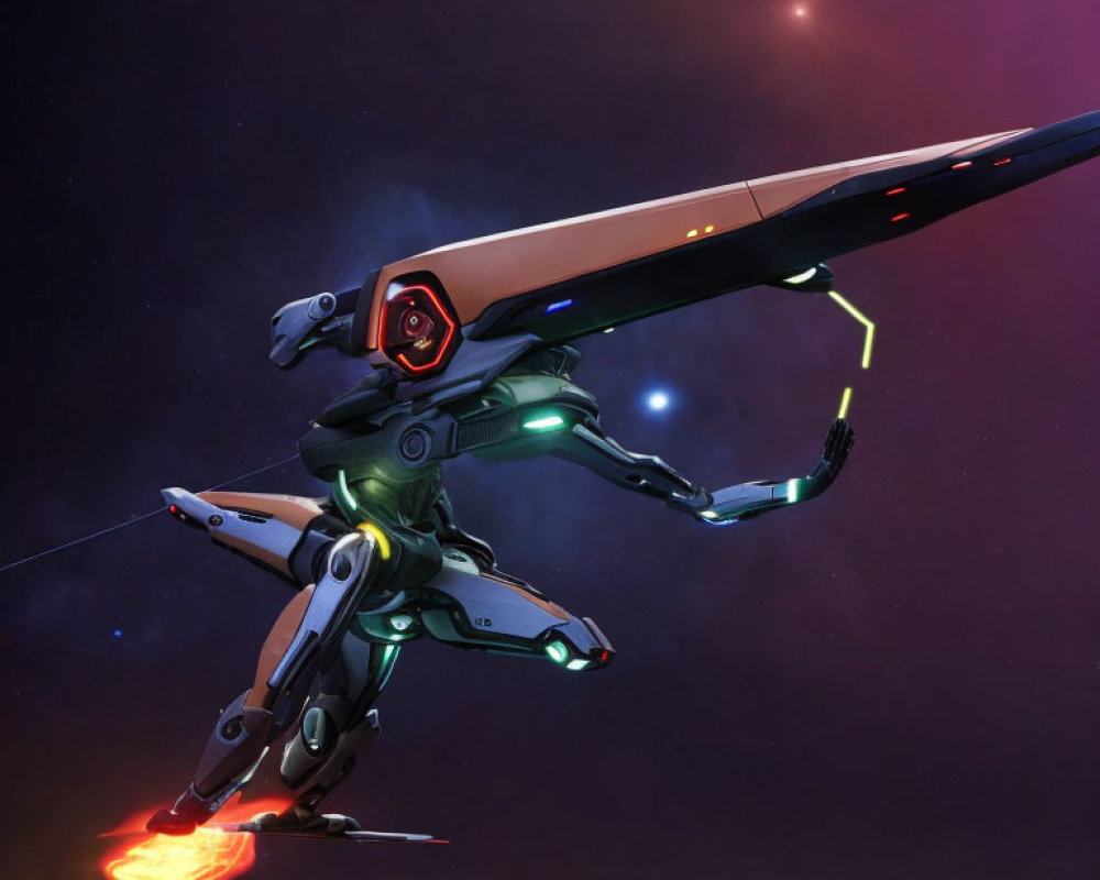 Futuristic Robot in Dynamic Pose with Cosmic Backdrop