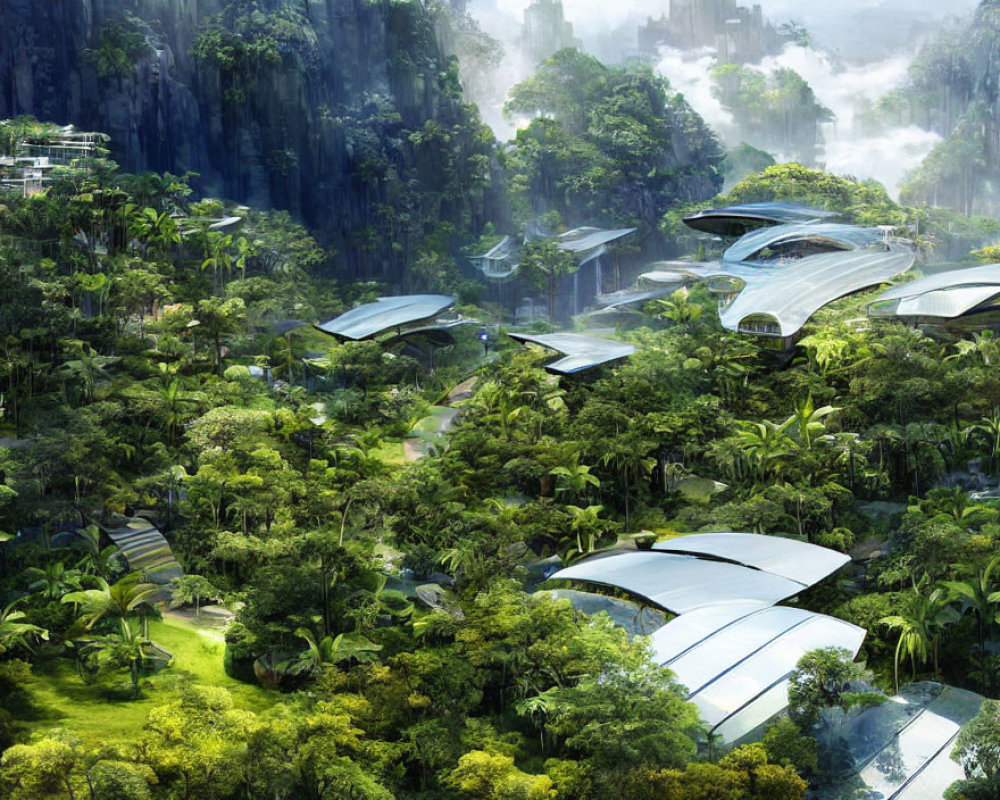 Futuristic Landscape with Organic Architecture and Foliage