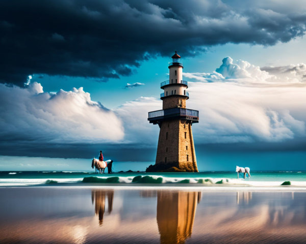 Lighthouse, horses, and dramatic sky on shore