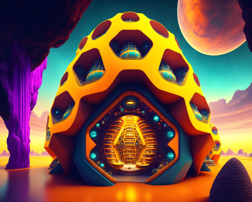Alien landscape with vibrant dome structure and large planets
