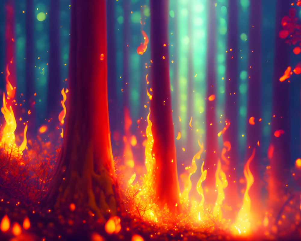 Mystical forest with fiery leaves and shimmering light