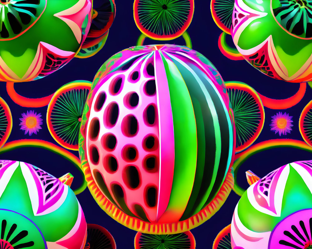 Colorful surreal watermelon and kiwi hybrid fruits with floral patterns on dark blue.