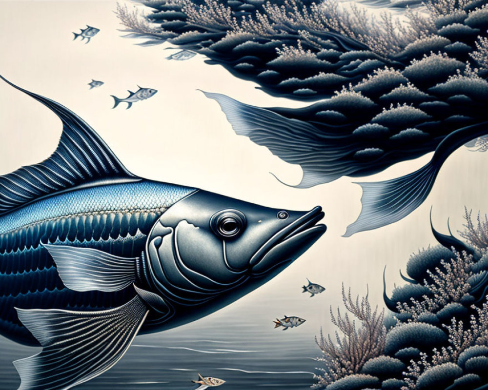 Detailed Illustration of Large Fish Among Coral Reefs