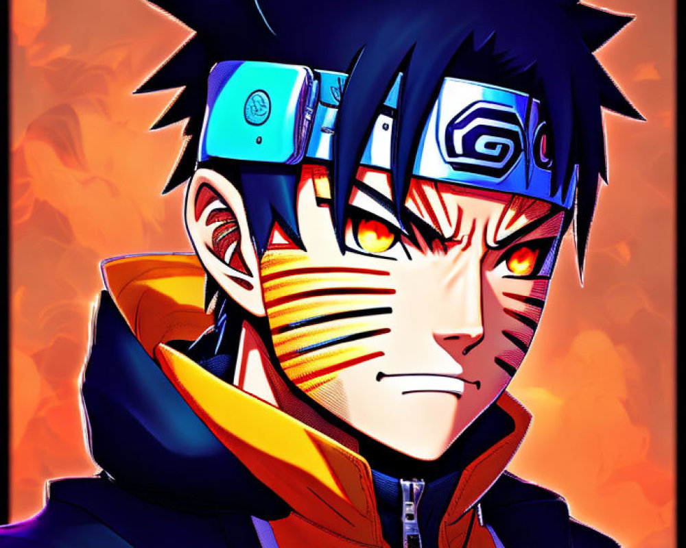 Anime character with spiky hair, whisker marks, headband, and intense eyes.