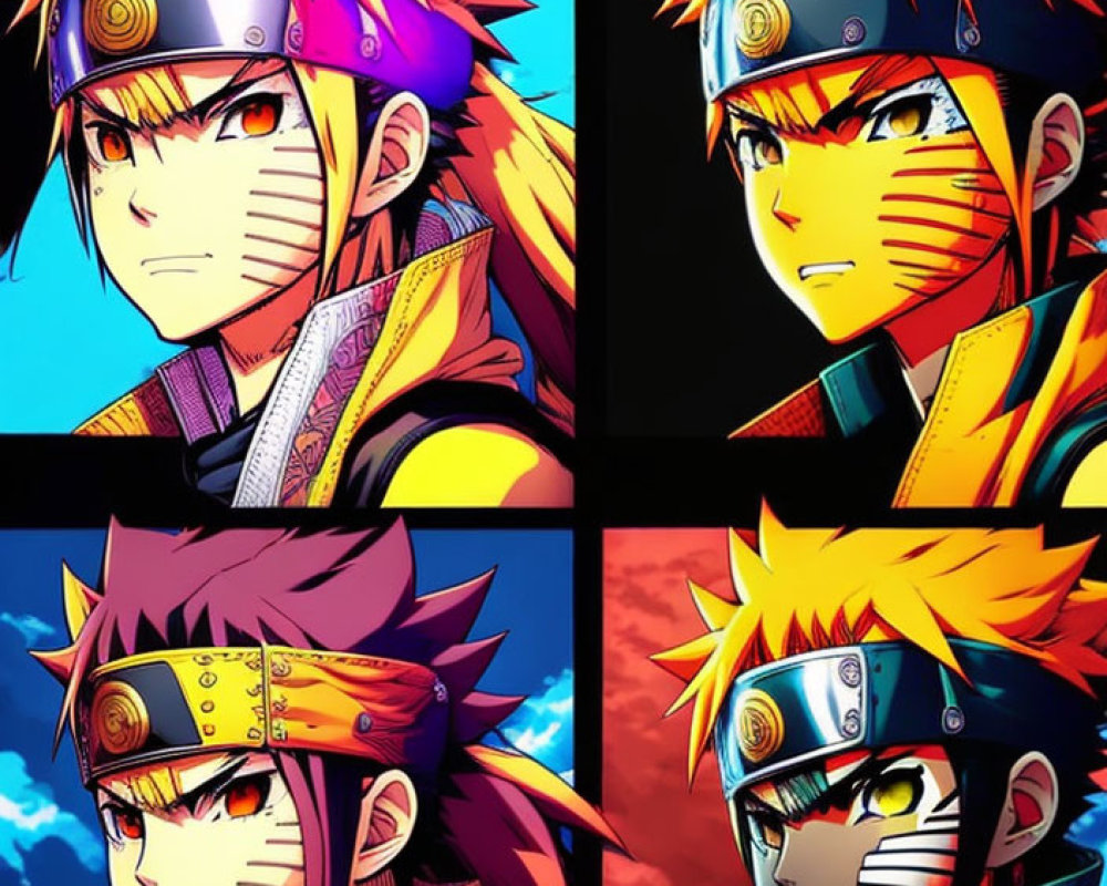 Stylized animated character with spiky blond hair in four panels