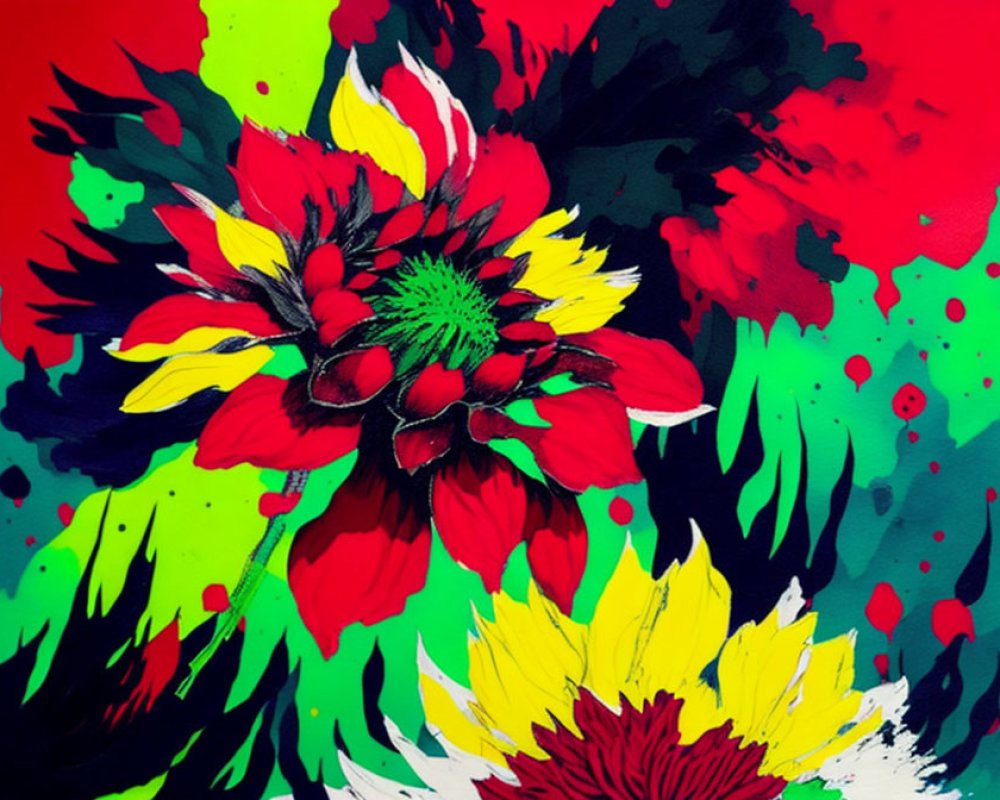 Colorful Abstract Painting with Red and Yellow Flowers on Red and Green Background