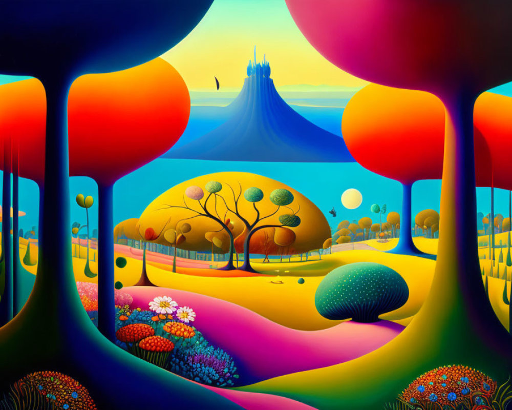 Colorful Trees and Castle in Whimsical Landscape