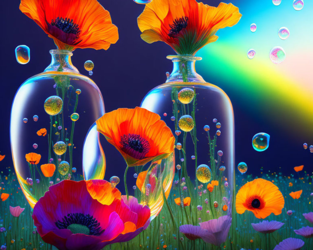 Transparent vases with orange poppies among field of flowers and bubbles on colorful gradient background.
