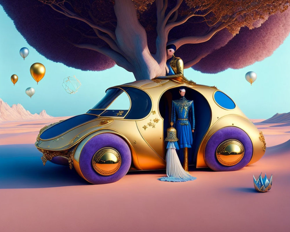 Surreal golden pumpkin carriage with royal figure and floating balloons