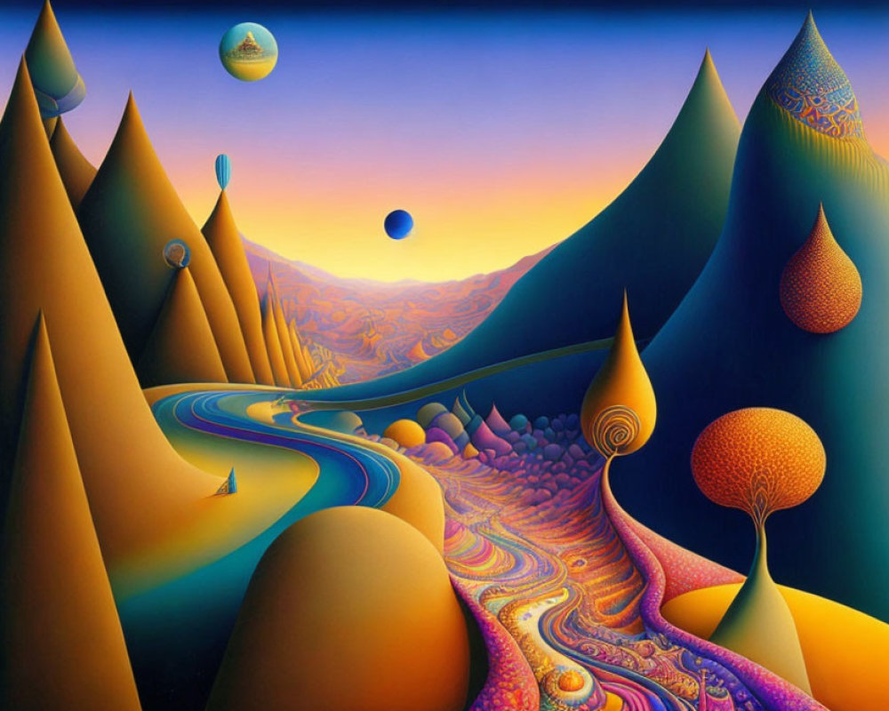 Colorful Stylized Landscape with River and Sunset Sky