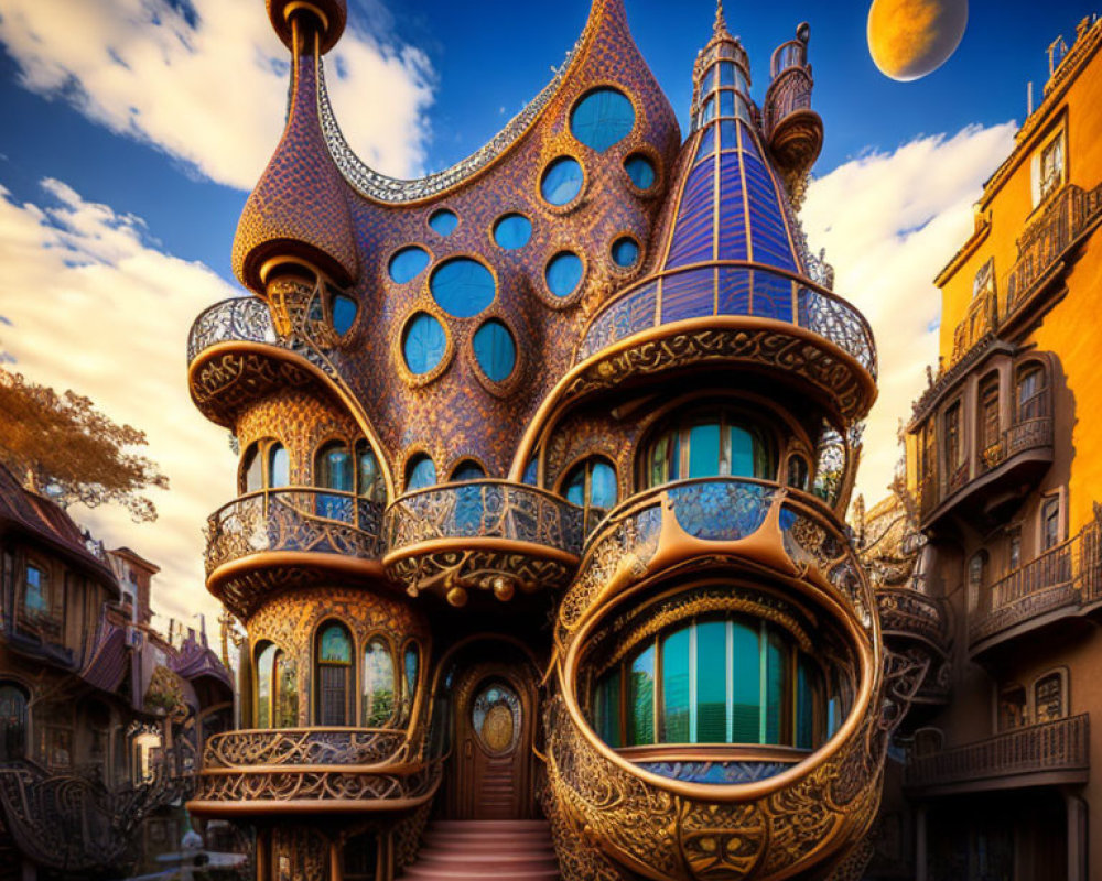 Fantasy snail-shaped building with ornate windows in twilight sky