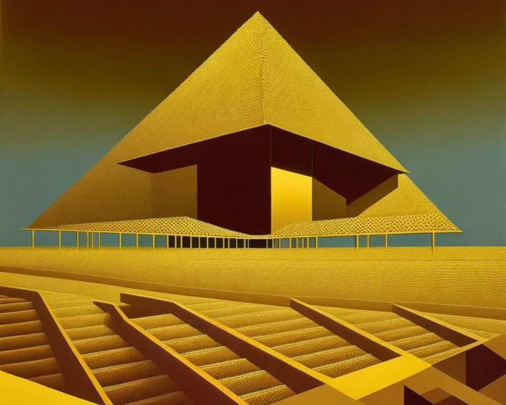 Geometric pyramid artwork with stair-step pattern on blue and yellow gradient background