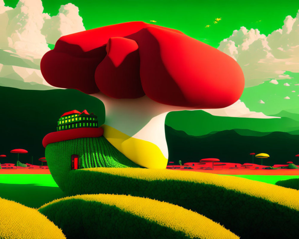 Surreal landscape with oversized red mushrooms and green mountains