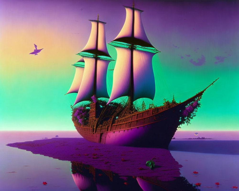 Surreal ship artwork with lush greenery and reflective purple surface