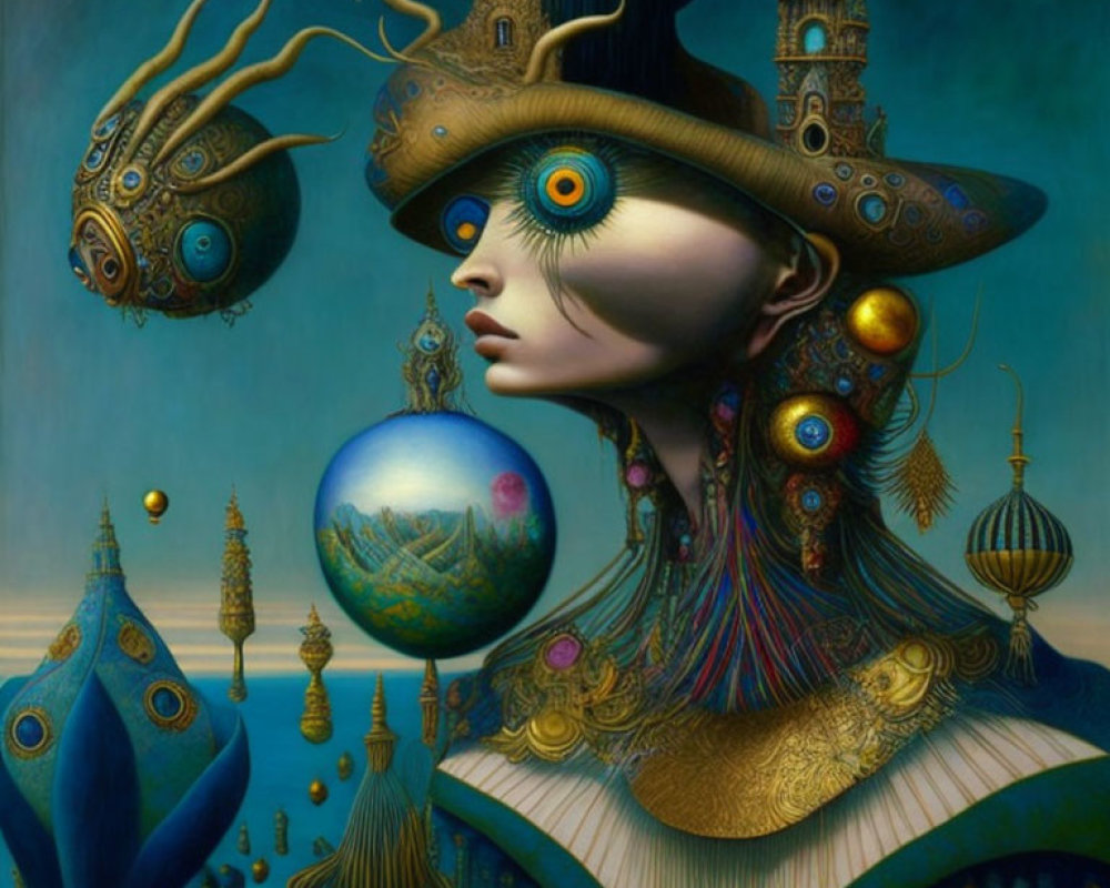 Surreal portrait of woman with steampunk headgear and floating orb