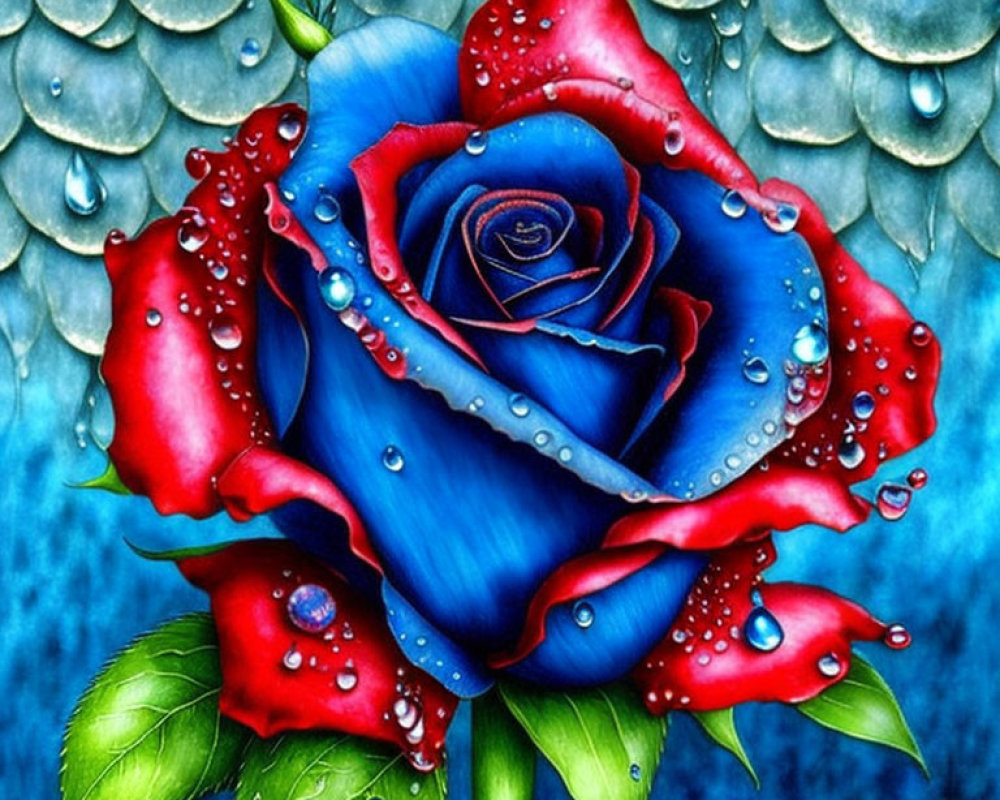 Vibrant blue and red rose with dewdrops on petals against blue background.