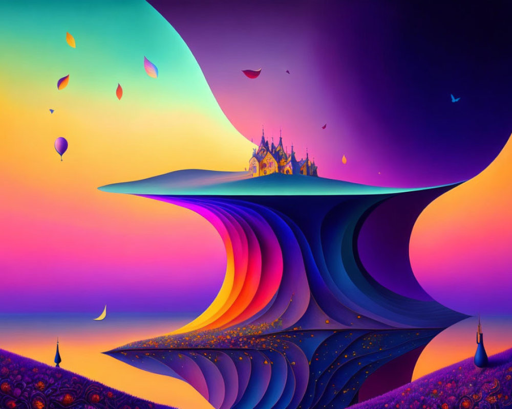 Colorful Fantasy Landscape with Castle, Floating Leaves, and Hot Air Balloons