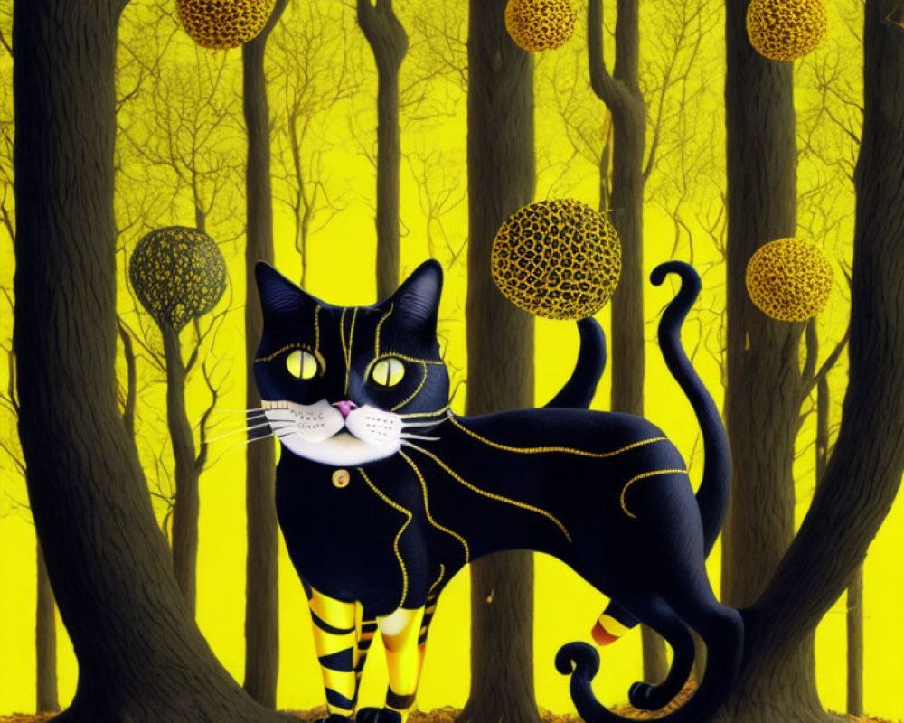 Surreal black cat with yellow markings in a forest with hanging orbs
