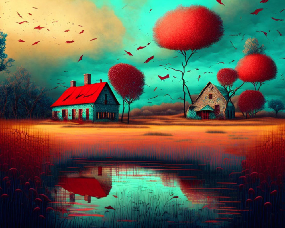 Surreal landscape with cottages, red trees, birds, and pond at twilight