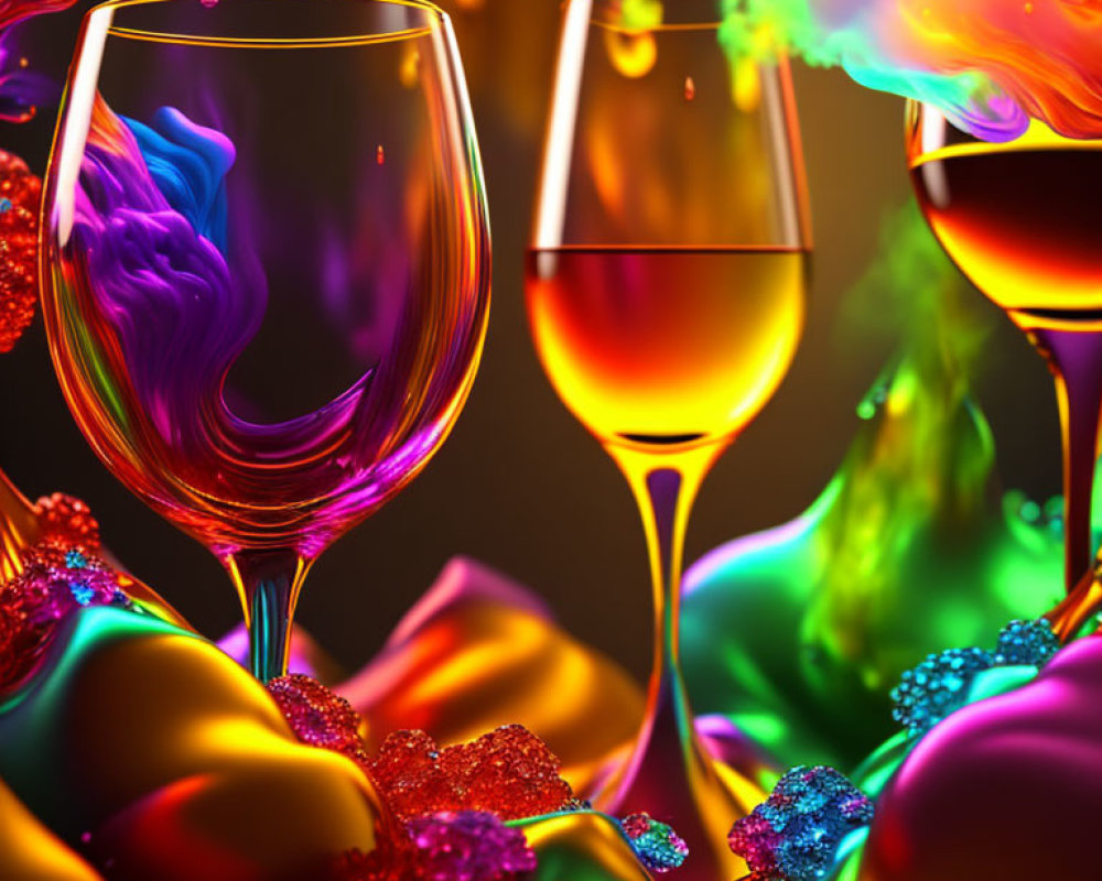 Colorful fluid art: Three wine glasses in dynamic swirls