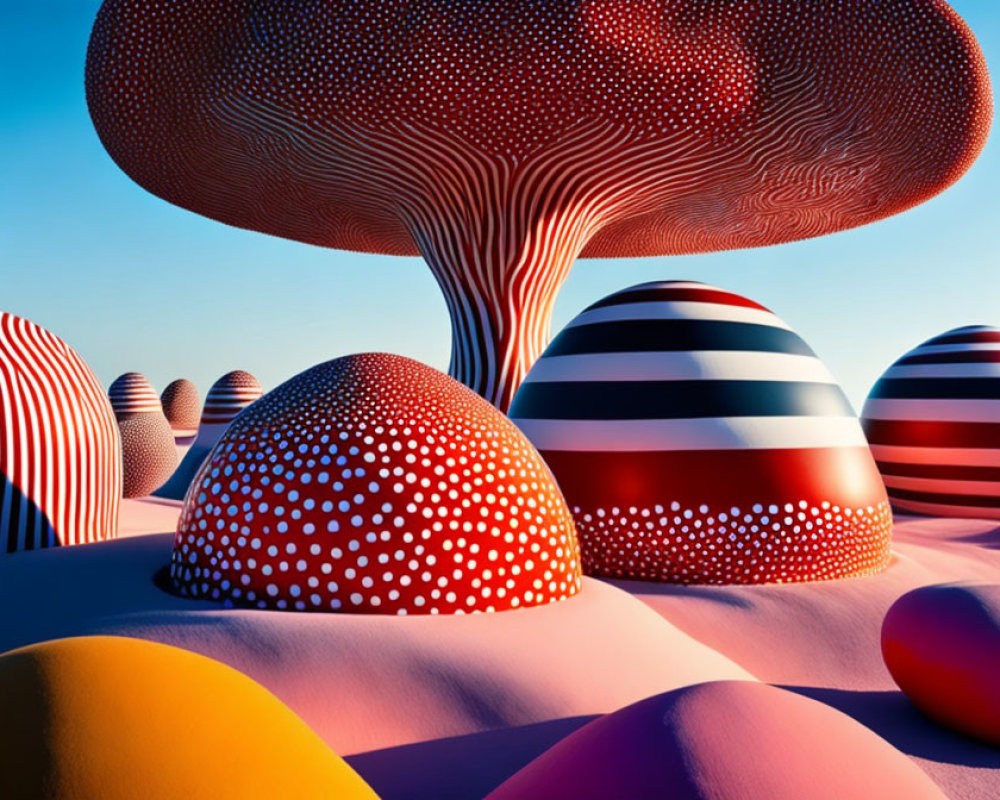 Colorful surreal landscape with polka-dotted and striped mushroom formations under a clear blue sky