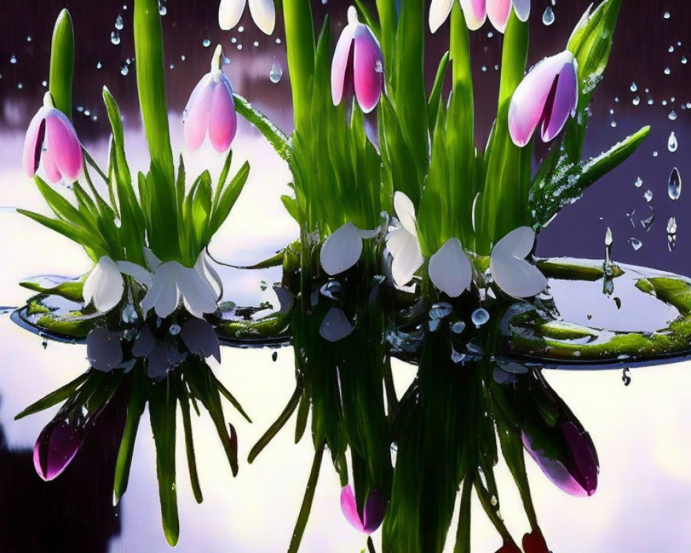Tulips and Buds with Dewdrops on Water Surface in Blurred Purple Background