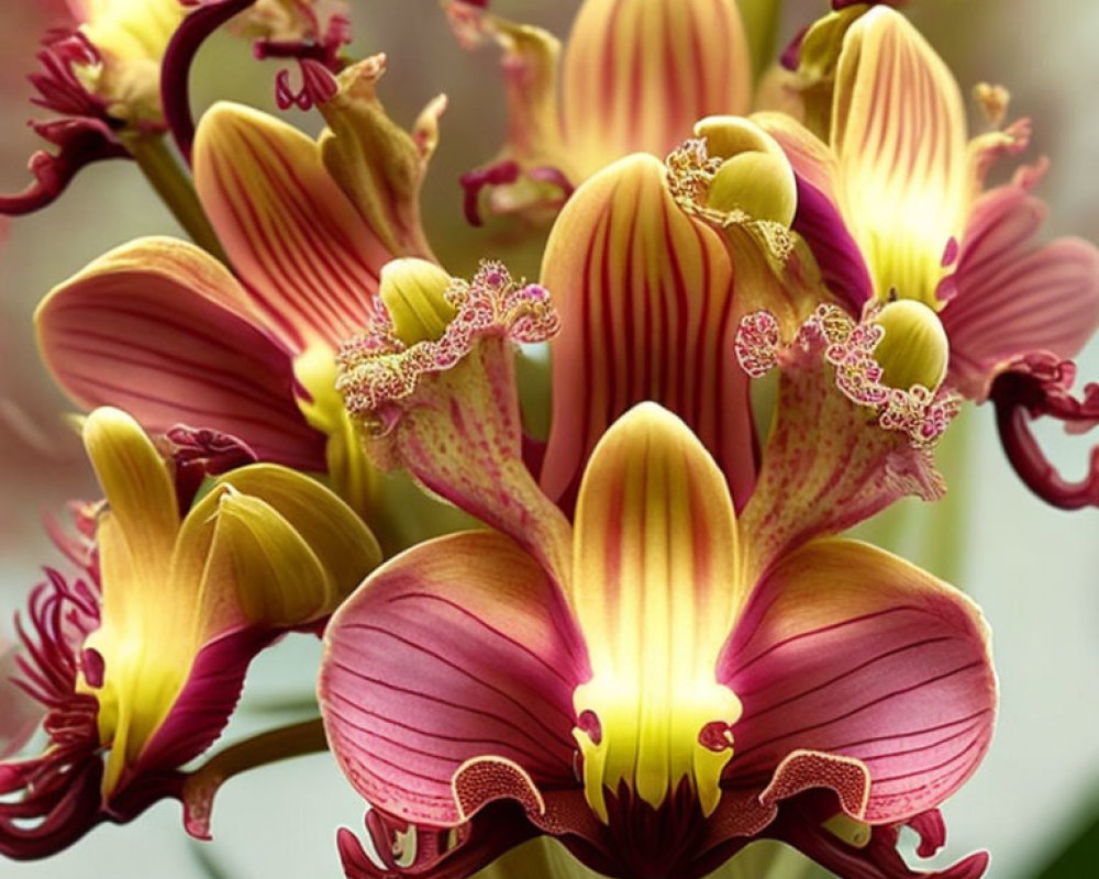Vibrant pink and yellow orchid with intricate details on lip and column