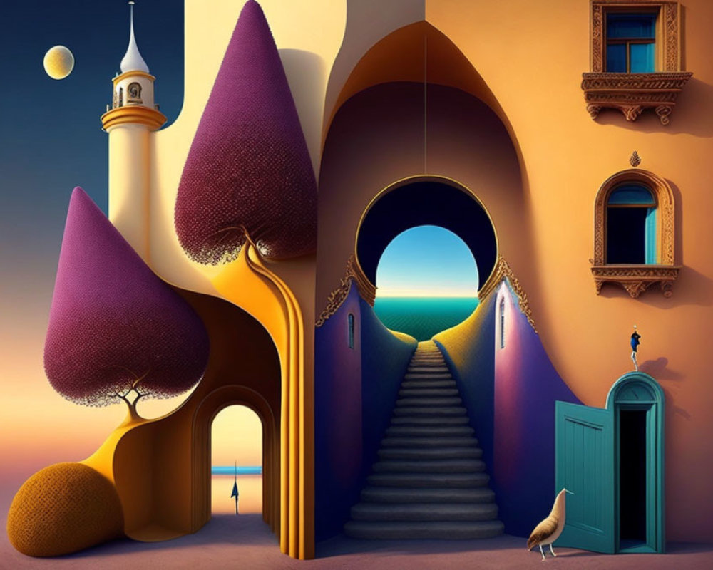 Surreal digital artwork: purple trees, orange building, sea view at twilight