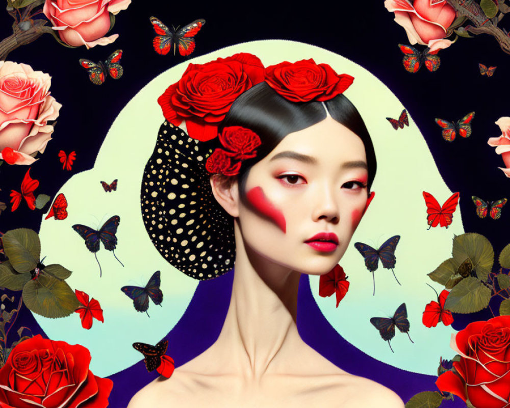 Woman with Red Flowers Surrounded by Butterflies and Roses on Black Background