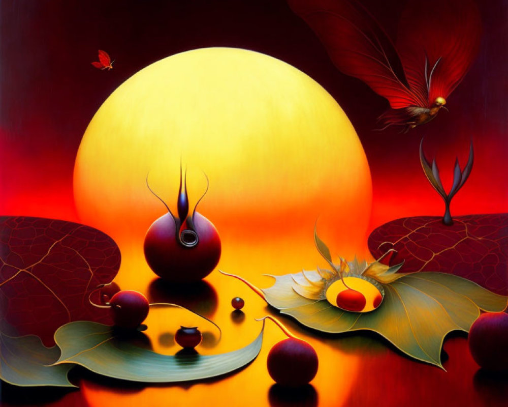 Vibrant surreal painting with red and orange hues, oversized leaves, fruits, and birds against a