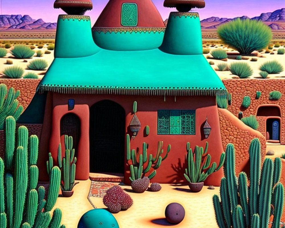 Desert scene painting with stylized brown house, turquoise roof, cacti, blue sky