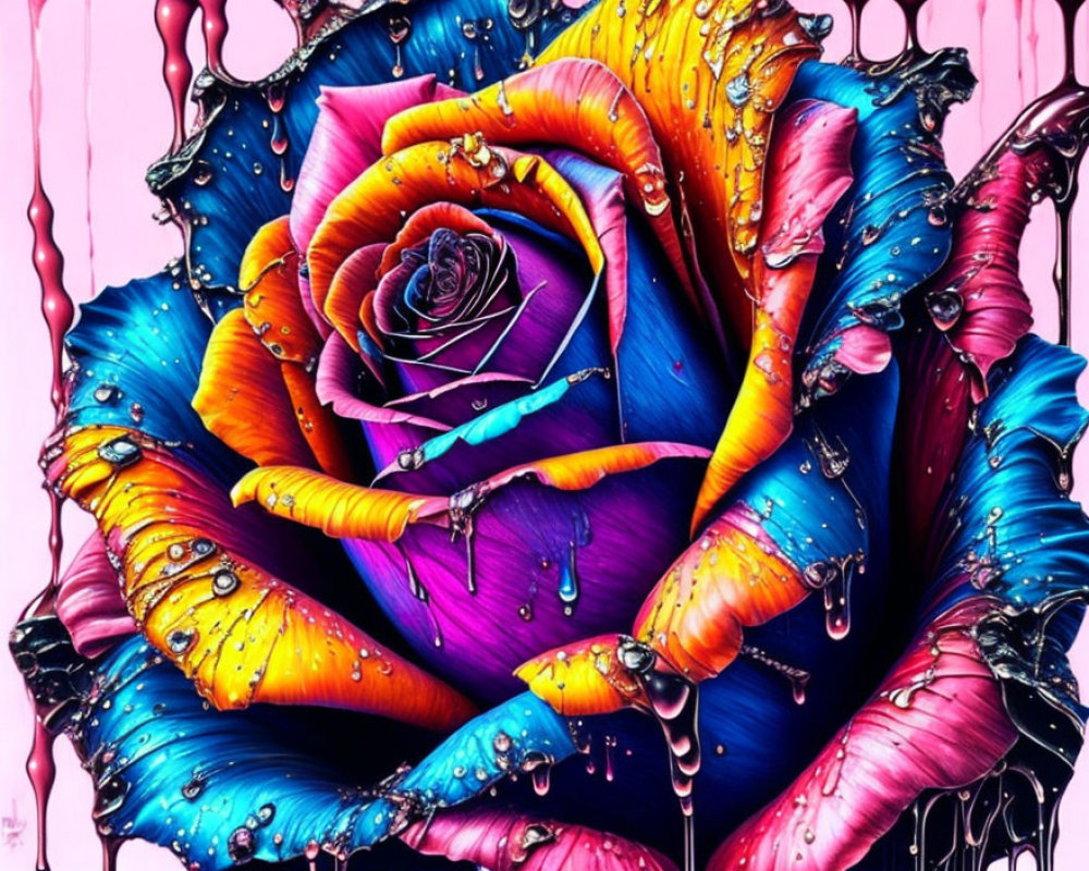 Colorful Rose Covered in Water Droplets on Pink Background